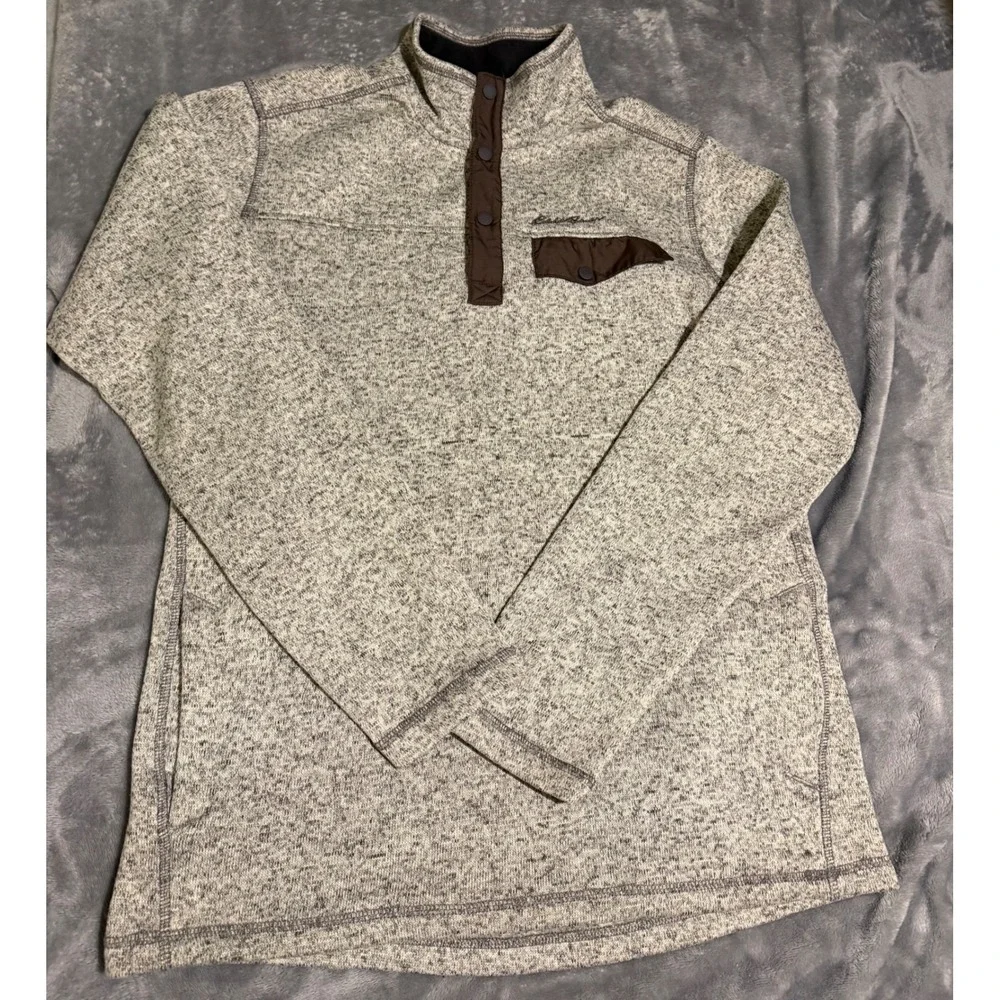 Eddie Bauer Mens Tall TL Gray Heather Quarter Snap Fleece Pullover Sweater Knit